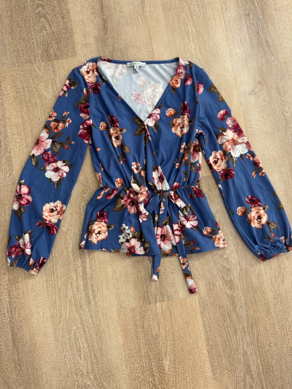 Moa Moa Blue Floral Wrap Blouse Long Sleeve Tie Waist Small